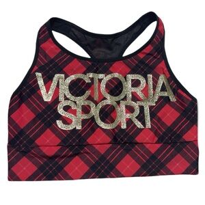 Victoria's Secret Racerback Sports Bra Black Red Gold Plaid Size Large